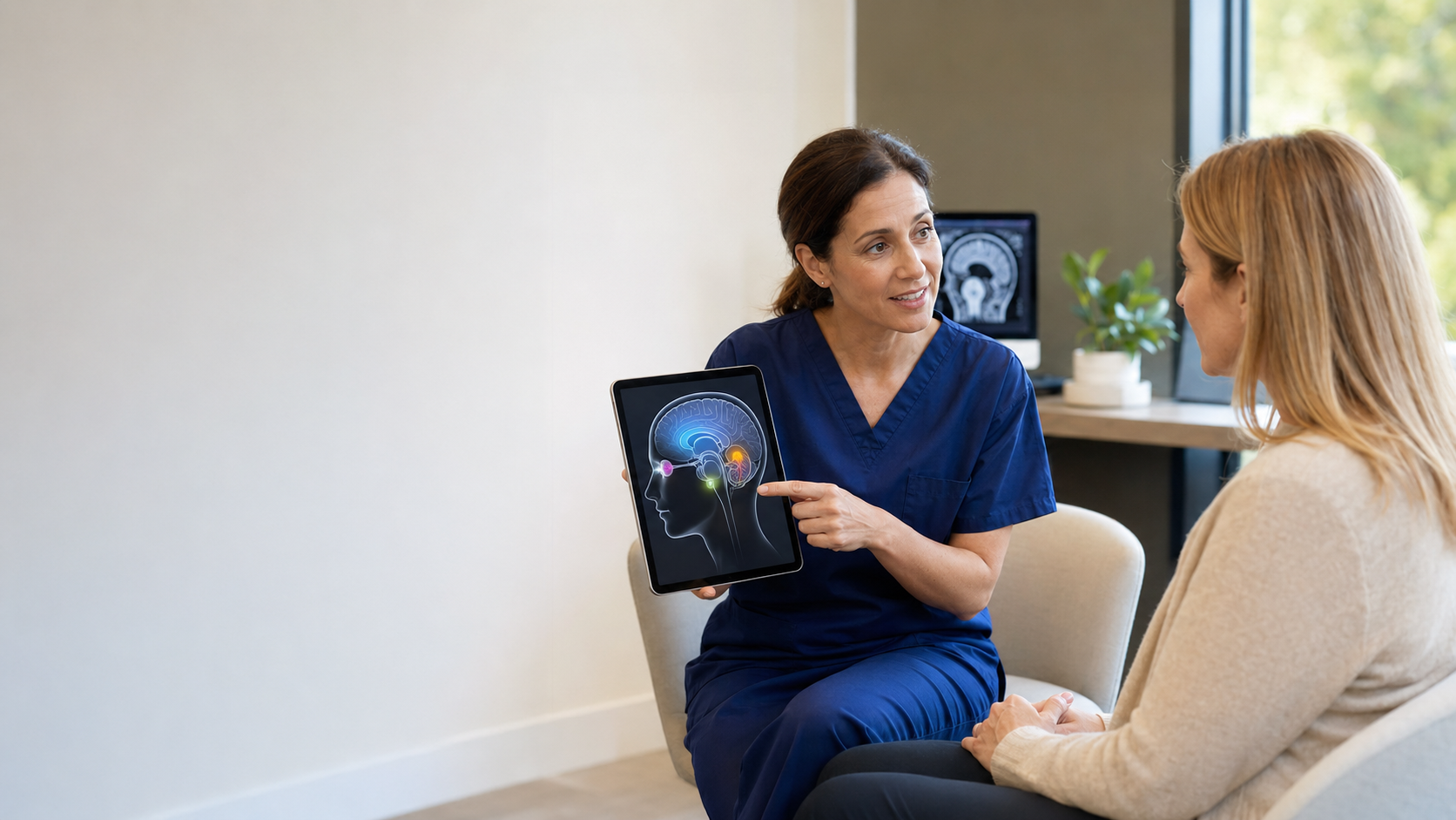 mri-scan-on-head-vitalscan Healthcare professional explaining the areas that may be assessed during an MRI scan on the head